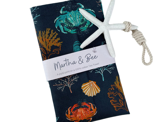Seaside Tea towel, Crustacean core Kitchen Towel, Cotton tea towel crab design, Coastal Hostess gift, Coast home gift, Cornish beach gift