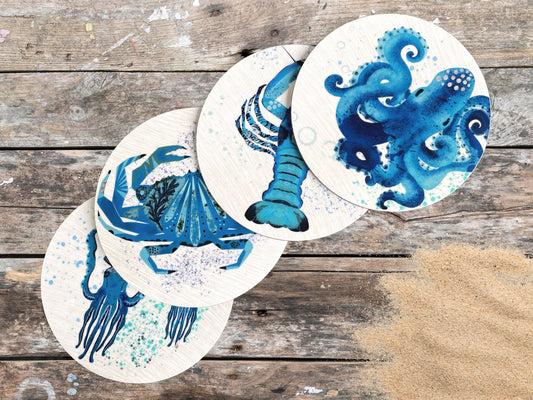 Crustaceans Coaster Set, Round Sea themed drinks mats, Blue & White Nautical Coasters, Fish coasters, Lobster melamine round coasters set