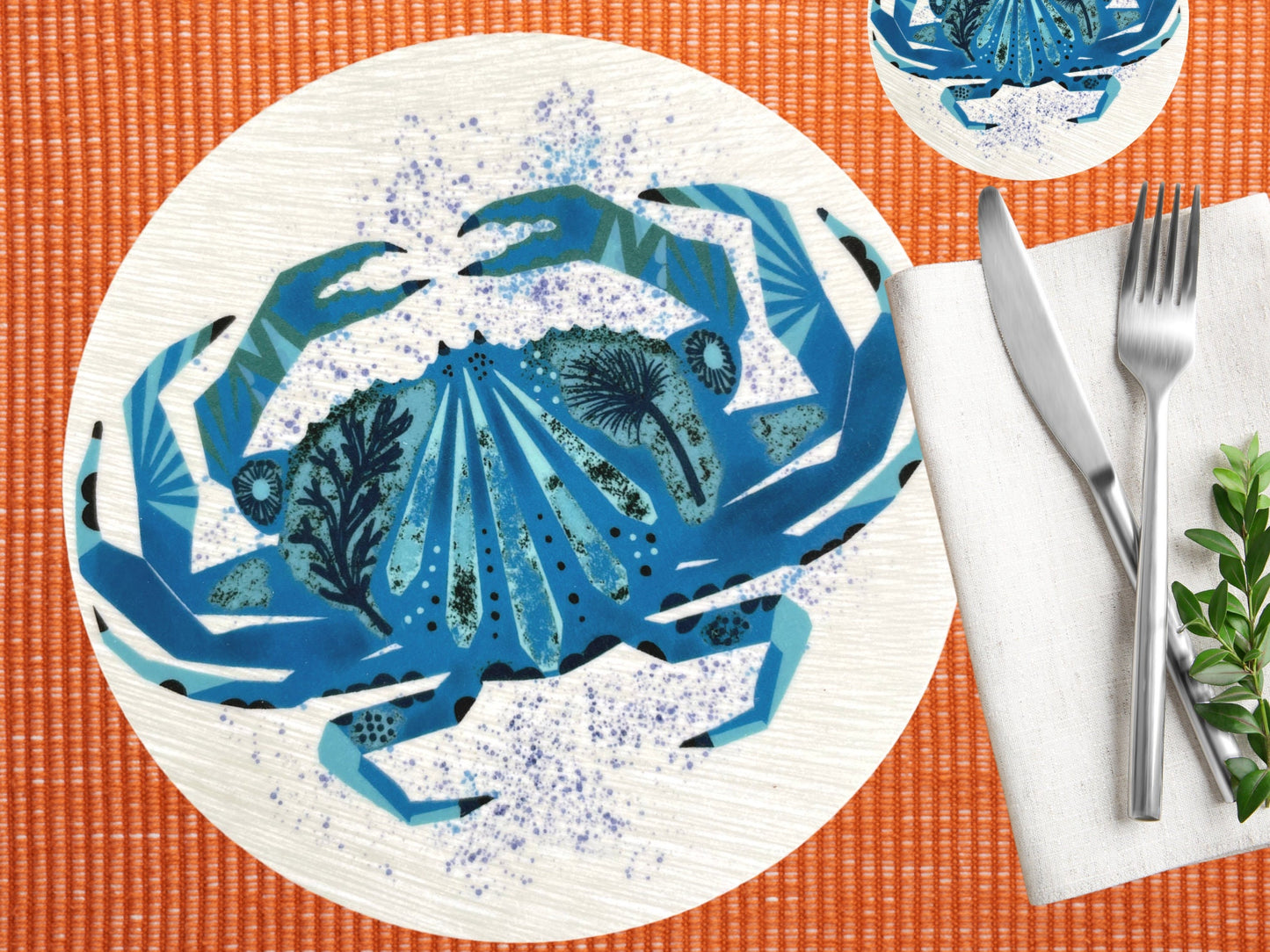 Coastal Table Mats, Beach Style Table Mats, Fish Place Settings, Round Seaside table mats, Cork backed melamine lobster/crab table mats