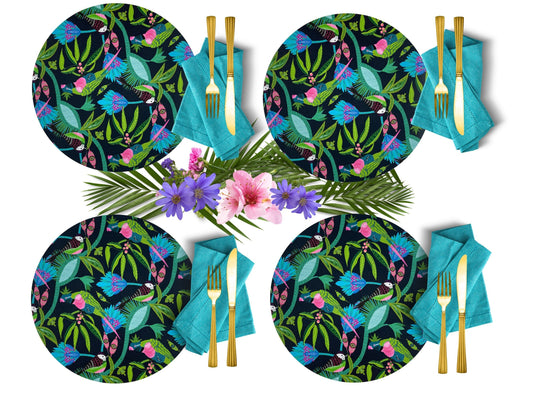 Tropical Bird Pattern Melamine Place Mats, Round melamine table mats with birds and flowers, Luxury placemats with African bird and leaves